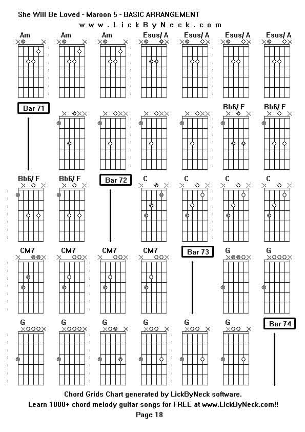 Chord Grids Chart of chord melody fingerstyle guitar song-She Will Be Loved - Maroon 5 - BASIC ARRANGEMENT,generated by LickByNeck software.